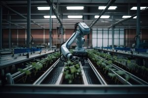 Mechanized and computerized method of planting plant seedlings in a greenhouse with the help of robots, work in a greenhouse, generative AI.